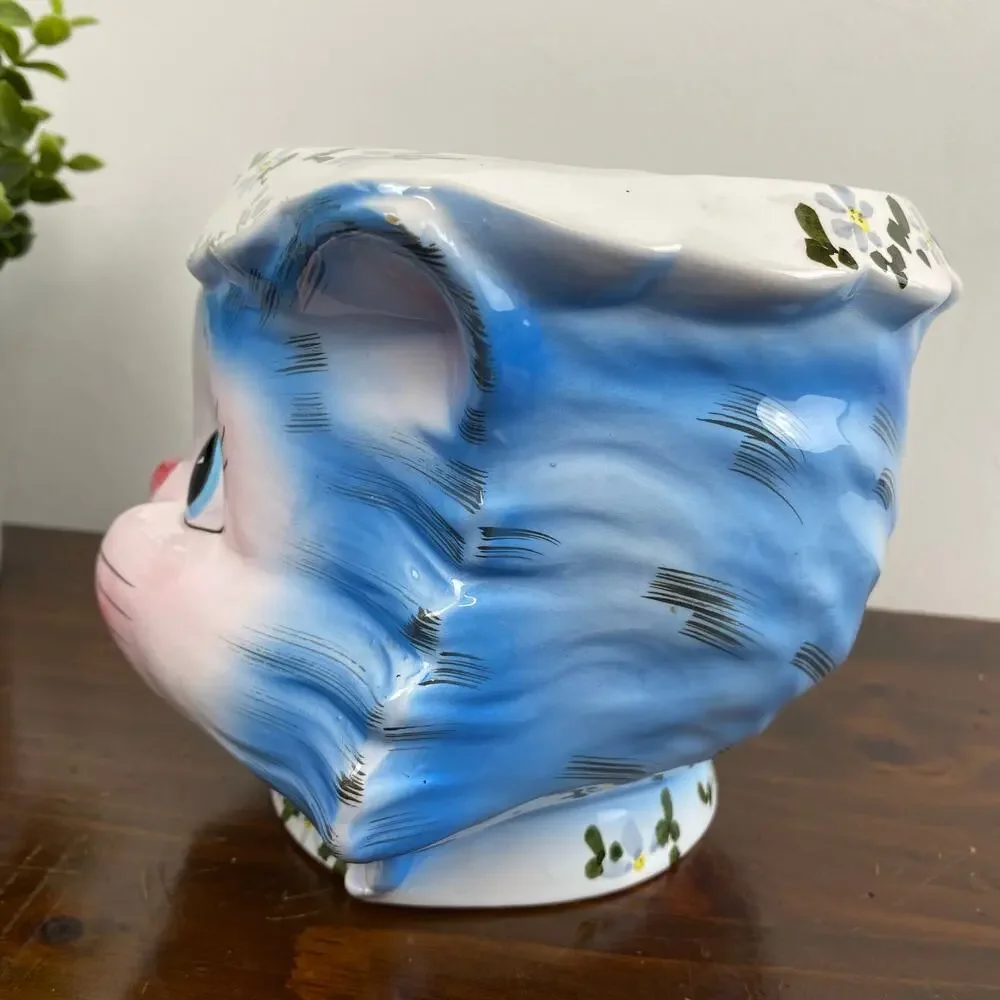 Vintage 50s Lefton Miss Priss Blue Cat Planter Vase Cookie Jar Base Kitsch #1502